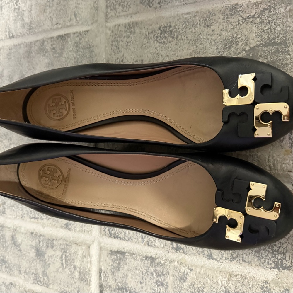 Tory Burch Black Wedges with Gold Logo